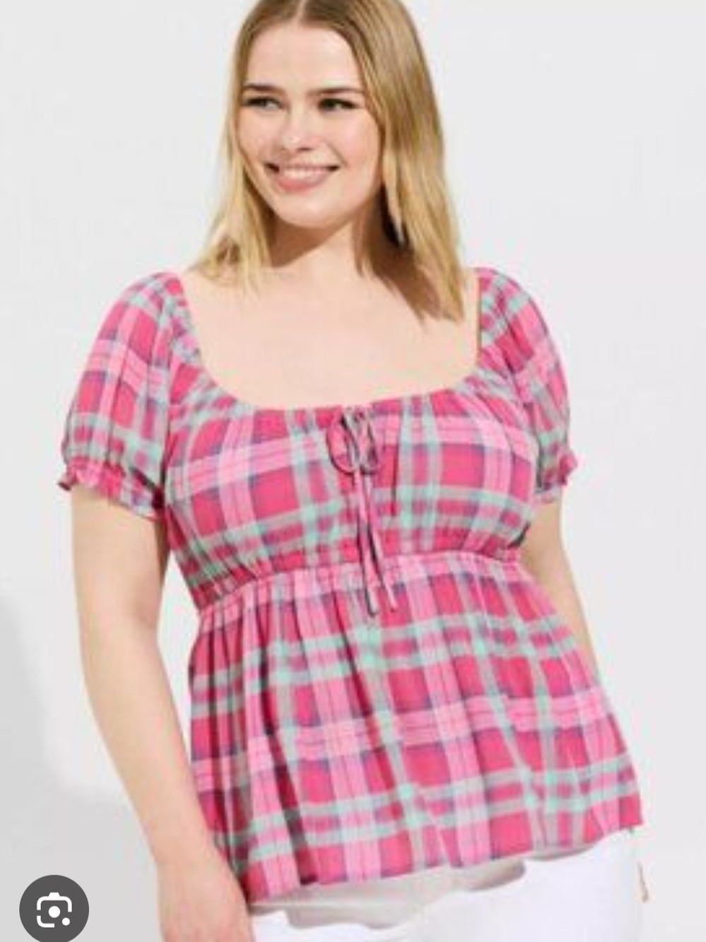 Torrid Sz 1 Pink Plaid Square-Neck Tie-Front Peplum Top
